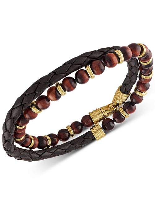 Esquire Men's Jewelry Double-Wrap Tiger's Eye Bracelet in 14k Gold Over Sterling Silver