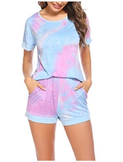 Womens Tie Dye Printed Pajamas Sets Short Sleeve Tops with Shorts Lounge Set Casual Two-Piece Sleepwear Pj Sets