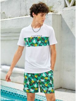 Men Slogan & Tropical Print Tee and Shorts Set