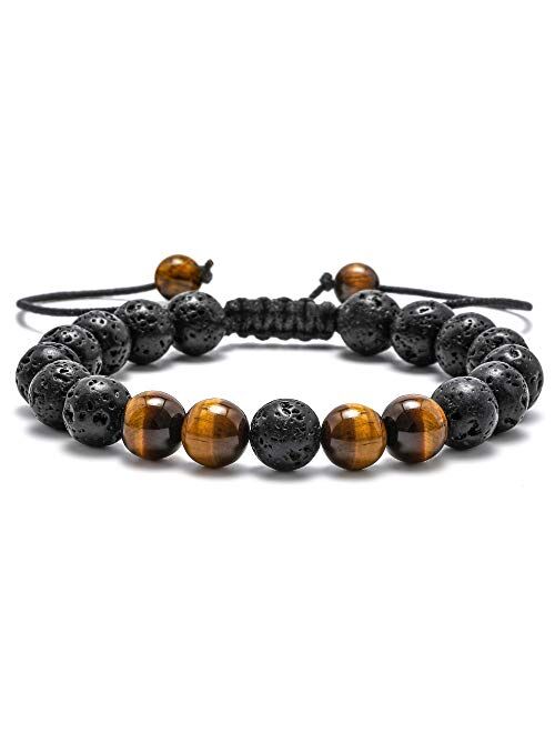 M Mooham Lava Rock Bracelet - 8mm Stone Tiger Eye Bracelet Lava Rock Bracelet , Stress Relief Yoga Beads Adjustable Bracelet Anxiety Aromatherapy Essential Oil Diffuser H