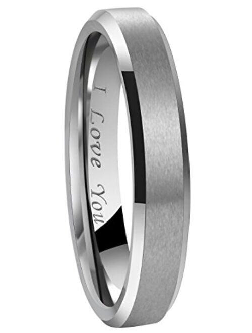 Crownal 4mm 6mm 8mm Black/Silver/Gunmetal/Gold Tungsten Wedding Couple Bands Rings Men Women Matte Brushed Finish Center Engraved"I Love You" Size 4 To 17