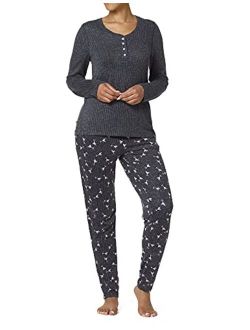 Women's Textured Rib Henley Long Sleeve Tee and Jogger Pant 2 Piece Pajama Set