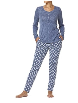 Women's Textured Rib Henley Long Sleeve Tee and Jogger Pant 2 Piece Pajama Set