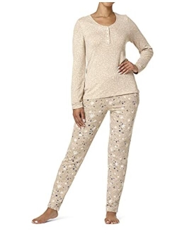 Women's Textured Rib Henley Long Sleeve Tee and Jogger Pant 2 Piece Pajama Set