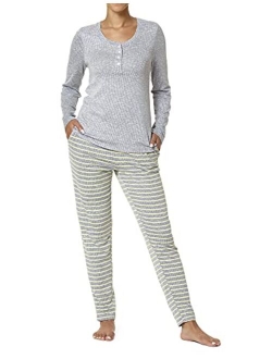 Women's Textured Rib Henley Long Sleeve Tee and Jogger Pant 2 Piece Pajama Set