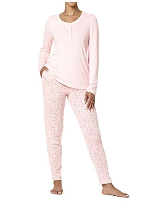 HUE Women's Textured Rib Henley Long Sleeve Tee and Jogger Pant 2 Piece Pajama Set