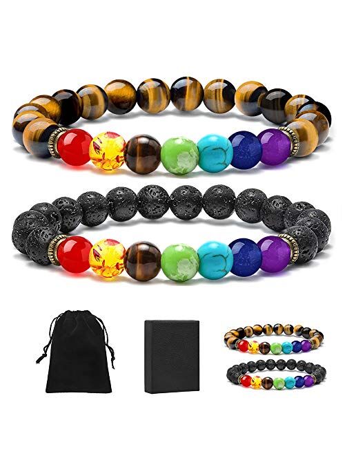 MONOZO Bead Chakra Bracelet - 7 Chakras 8mm Lava Rock Stone Anxiety Bracelet Essential Oil Diffuser Stone Yoga Beads Bracelets Meditation Relax Healing Aromatherapy Bangl