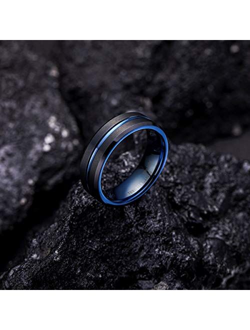 King Will Black/Silver Tungsten Ring for Men Blue Tungsten Carbide Wedding Band Matte Finish