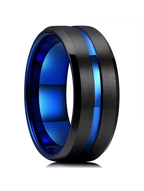 King Will Black/Silver Tungsten Ring for Men Blue Tungsten Carbide Wedding Band Matte Finish