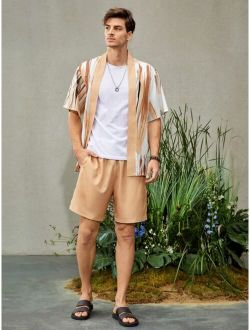 Men Brush Print Kimono & Shorts