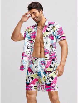 Men Cartoon Shirt & Drawstring Shorts Set