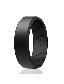 ROQ Silicone Wedding Rings for Men - Breathable Multipacks of 1/4/6 Mens Silicone Rubber Bands with Comfort Fit Airflow Design - 8mm Beveled