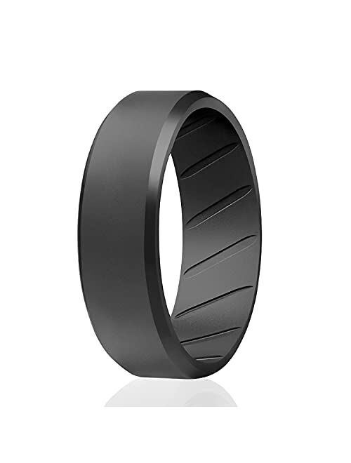 ROQ Silicone Wedding Rings for Men - Breathable Multipacks of 1/4/6 Mens Silicone Rubber Bands with Comfort Fit Airflow Design - 8mm Beveled