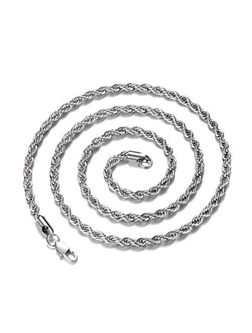 FEEL STYLE Men Necklace Stainless Steel Chain Silver Plated Chains 3-5mm Twist Rope Box Necklace 14-30 Inch Necklaces for Mens Women Boy Teen Jewelry Gift