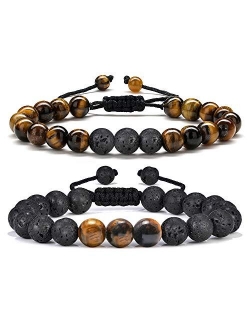 MONOZO Beaded Bracelets for Men Women - 8mm Tiger Eye Bead Bracelet Adjustable Natural Lava Rock Stone Essential Oil Anxiety Aromatherapy Bracelets Jewelry Gifts