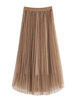 Women's Mesh Pleated Hem High Waist A Line Long Skirt