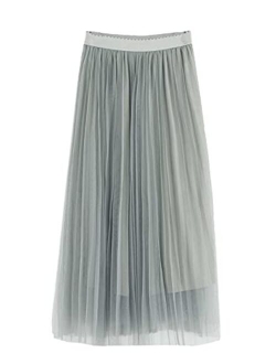 Women's Mesh Pleated Hem High Waist A Line Long Skirt