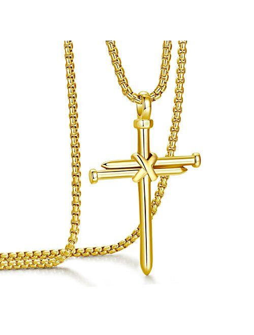 Rehoboth Men's Stainless Steel Nail Cross Pendant Necklace with 24 Inch Chain Polished Black Gold Silver