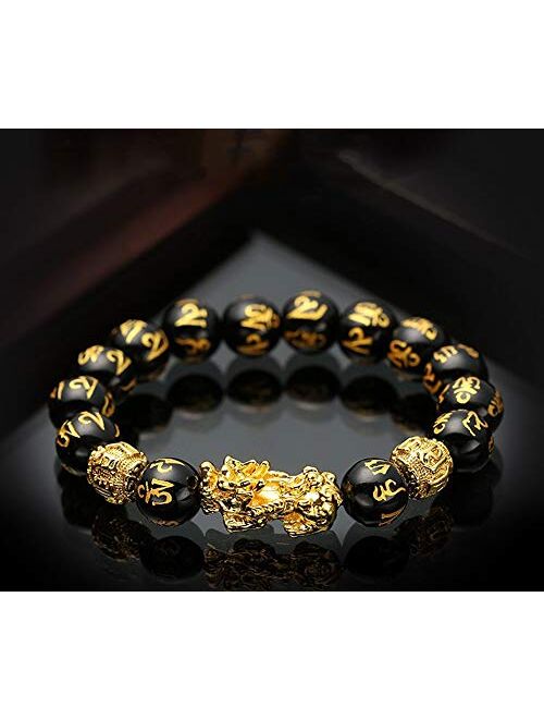 Homelavie Feng Shui The Best 12mm Black Hand Carved Mantra Bead Bracelet with Golden Pi Xiu/Pi Yao Lucky Wealthy Amulet Brecelet