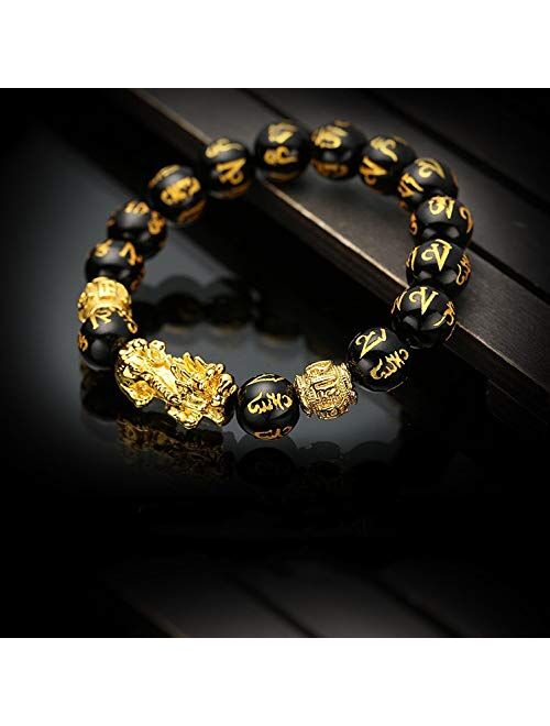 Homelavie Feng Shui The Best 12mm Black Hand Carved Mantra Bead Bracelet with Golden Pi Xiu/Pi Yao Lucky Wealthy Amulet Brecelet