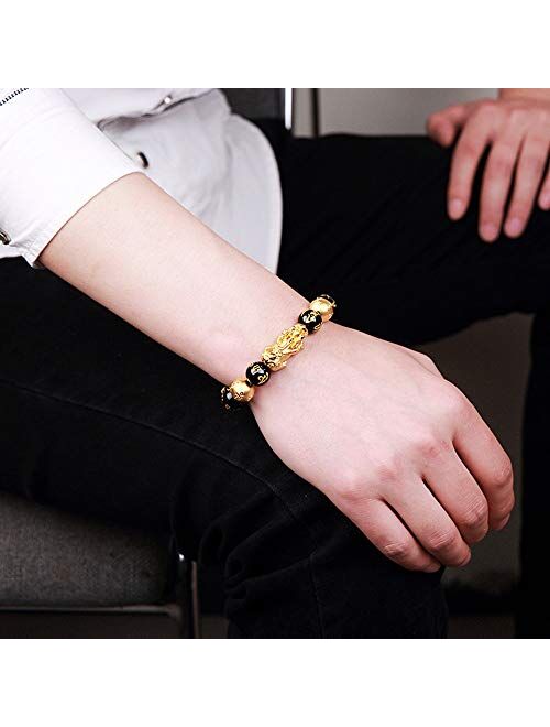 Homelavie Feng Shui The Best 12mm Black Hand Carved Mantra Bead Bracelet with Golden Pi Xiu/Pi Yao Lucky Wealthy Amulet Brecelet