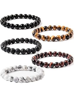 TIGERSTAR Natural Lava Rock Beads Bracelet,Stretch Elastic Bracelets,Adjustable Braided Rope Gemstone Bracelets for Men Women (4Pcs Set-002)…