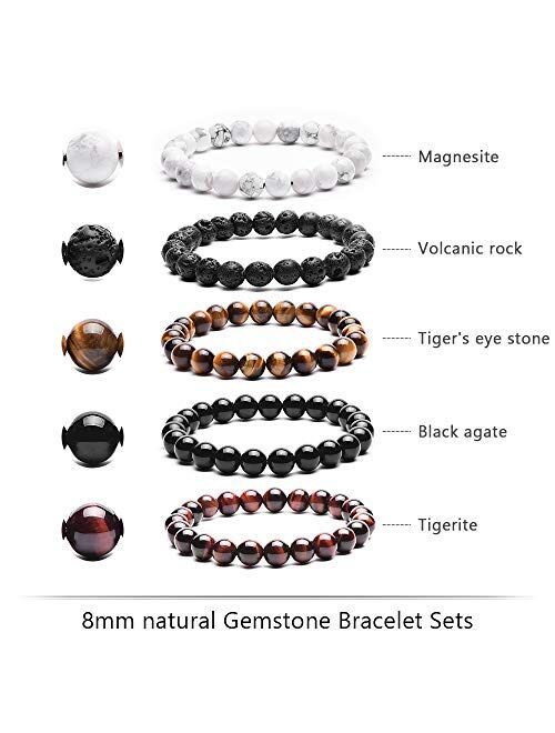 TIGERSTAR Natural Lava Rock Beads Bracelet,Stretch Elastic Bracelets,Adjustable Braided Rope Gemstone Bracelets for Men Women (4Pcs Set-002)…