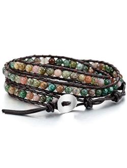 MOWOM Layered Bracelets for Women Men Genuine Leather Bracelet Rope Bangle Cuff Crystal Gemstone Bohemian Style & Beads Braided 3/5 Wraps Adjustable Handmade Jewelry Gift