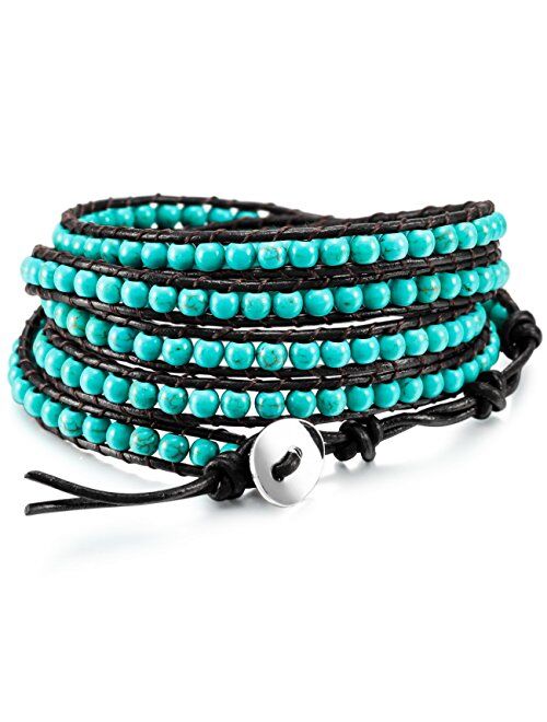 MOWOM Layered Bracelets for Women Men Genuine Leather Bracelet Rope Bangle Cuff Crystal Gemstone Bohemian Style & Beads Braided 3/5 Wraps Adjustable Handmade Jewelry Gift