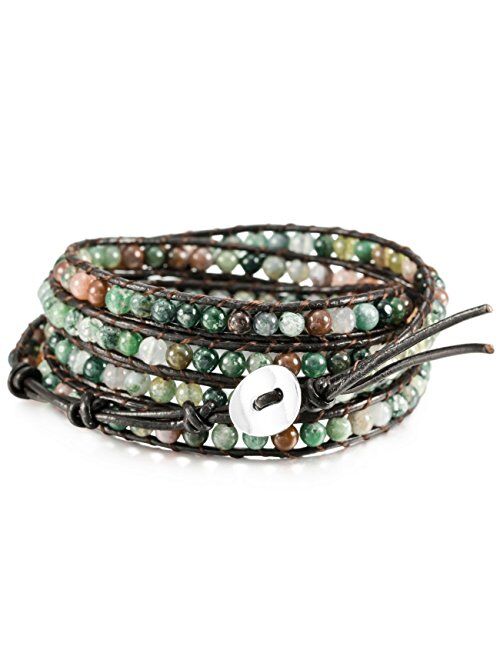 MOWOM Layered Bracelets for Women Men Genuine Leather Bracelet Rope Bangle Cuff Crystal Gemstone Bohemian Style & Beads Braided 3/5 Wraps Adjustable Handmade Jewelry Gift