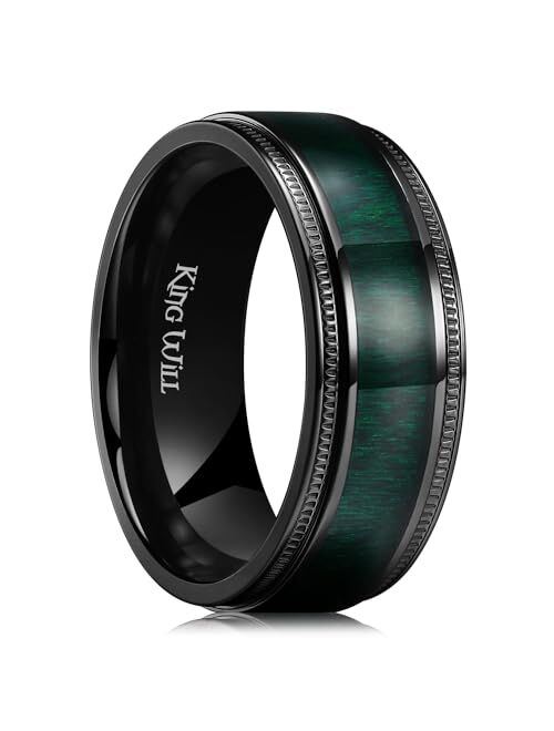 King Will NATURE 8mm Titanium Ring Black/Silver with Wood Inlay Wedding Band Ring for Men Real Comfort Fit