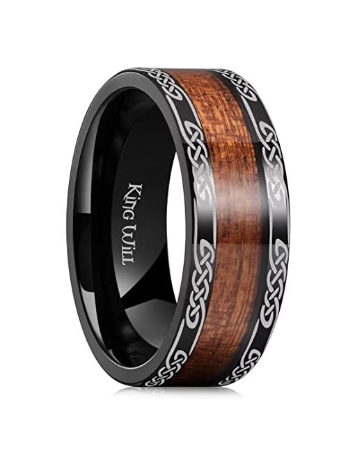 King Will NATURE 8mm Titanium Ring Black/Silver with Wood Inlay Wedding Band Ring for Men Real Comfort Fit