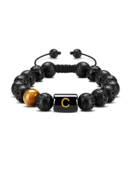 FRG Initials Bracelets for Men Letter Link Handmade Natural Black Onyx Tiger Eye Stone Beads Braided Rope Meaningful Bracelet