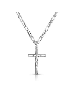 Verona Jewelers Men and Women 24" Stainless Steel 3.8MM Figaro Chain Necklace Crucifix Cross Pendant (Silver Color)