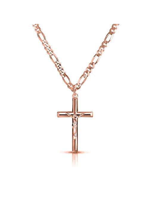 Verona Jewelers Men and Women 24" Stainless Steel 3.8MM Figaro Chain Necklace Crucifix Cross Pendant (Silver Color)