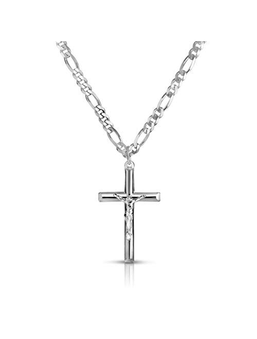 Verona Jewelers Men and Women 24" Stainless Steel 3.8MM Figaro Chain Necklace Crucifix Cross Pendant (Silver Color)