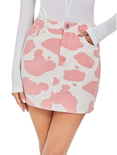 MakeMeChic Women's Cow Print High Waist Mini Denim Skirt