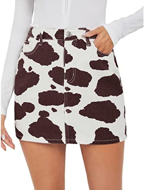 MakeMeChic Women's Cow Print High Waist Mini Denim Skirt