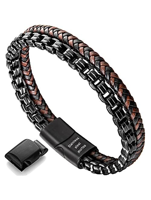 murtoo Mens Bracelet leather and Steel, Stainless Steel Chain and Leather Bracelets for Men