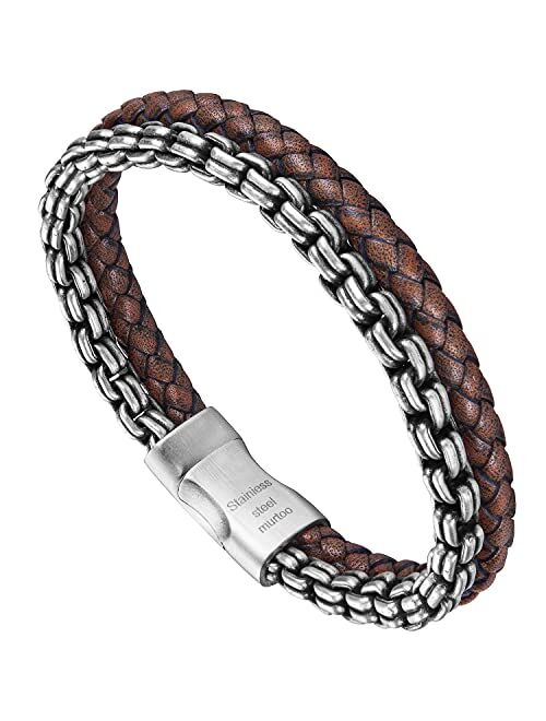 murtoo Mens Bracelet leather and Steel, Stainless Steel Chain and Leather Bracelets for Men