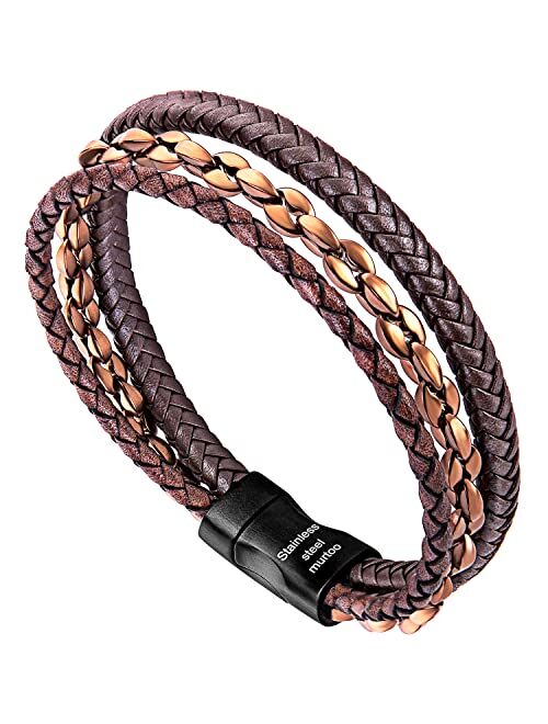 murtoo Mens Bracelet leather and Steel, Stainless Steel Chain and Leather Bracelets for Men