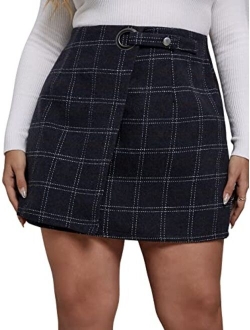 Women's Plus Size Plaid Print Button Wrap Wool Mini Skirt