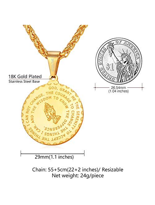 U7 Bible Verse Necklace Christian Jewelry 18K Gold Plated/Stainless Steel Lords Prayer Inscripted Praying Hands Coin Medal Pendant for Men Women -Gift Packed (22 Inch)