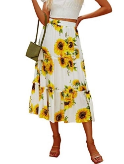 Hibluco Women's Floral Midi Skirts Elastic High Waist A-Line Swing Skirts