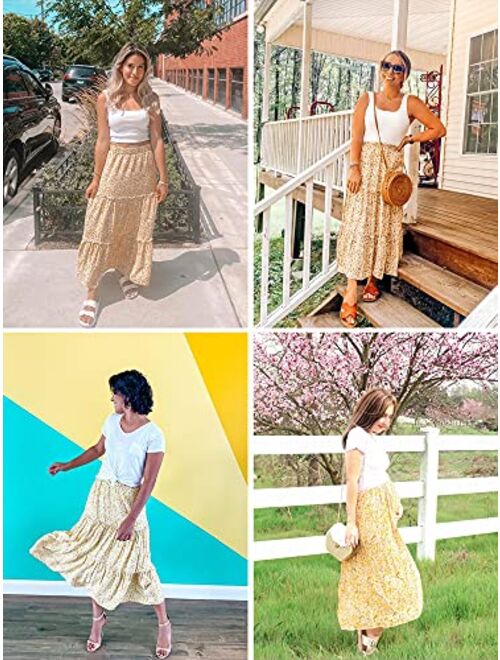 Hibluco Women's Floral Midi Skirts Elastic High Waist A-Line Swing Skirts