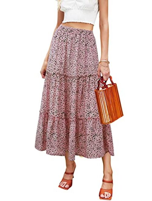 Hibluco Women's Floral Midi Skirts Elastic High Waist A-Line Swing Skirts