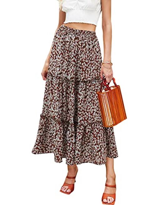 Hibluco Women's Floral Midi Skirts Elastic High Waist A-Line Swing Skirts