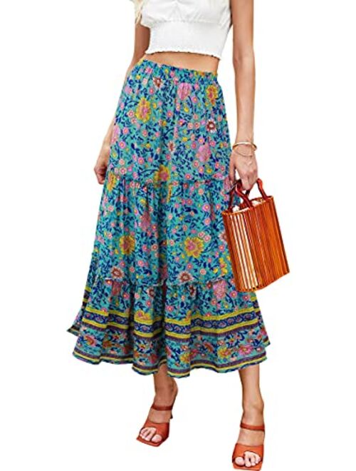 Hibluco Women's Floral Midi Skirts Elastic High Waist A-Line Swing Skirts