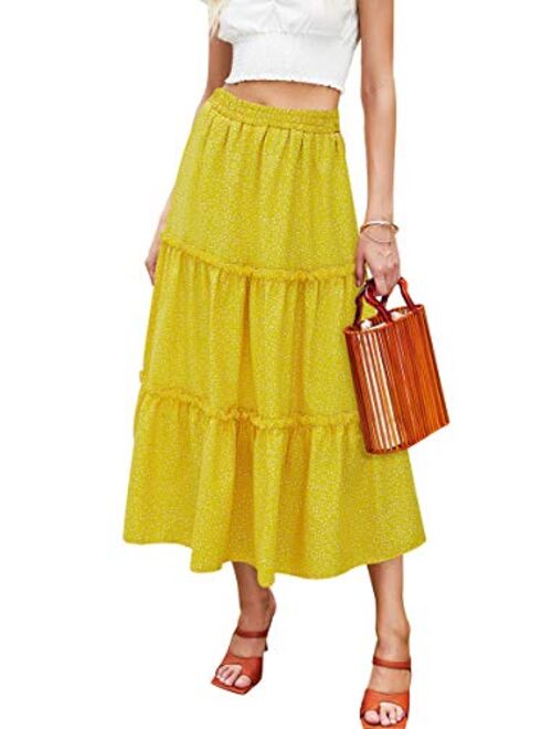 Hibluco Women's Floral Midi Skirts Elastic High Waist A-Line Swing Skirts