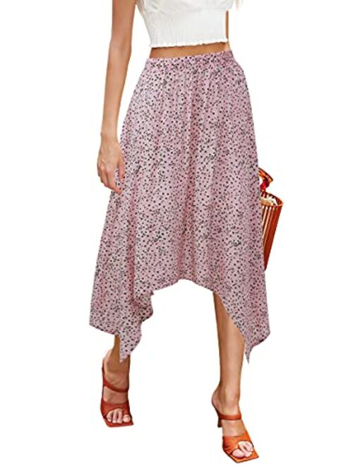 Hibluco Women's Midi Skirt High Waist Asymmetrical Floral Skirt Boho Skirts